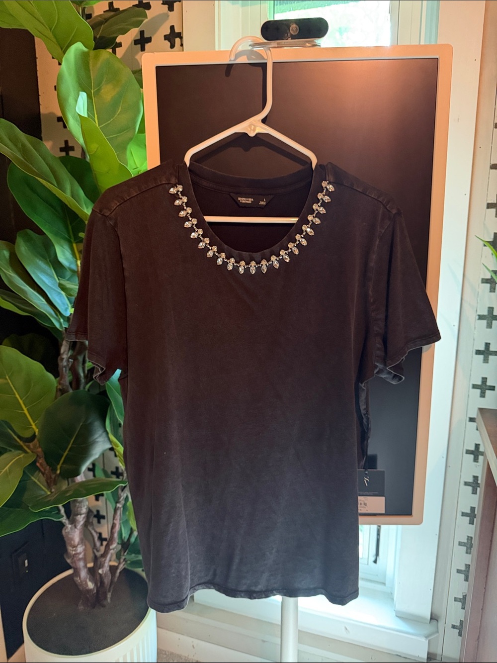 Simply Vera Vera Wang Black Short Sleeve Tee with Jeweled Necklace Trim